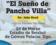 Leen al unísono en voz alta el "El sueño de Pancho Villa" de John Reed, en Torreón. Los acompañanmuchas escuelas